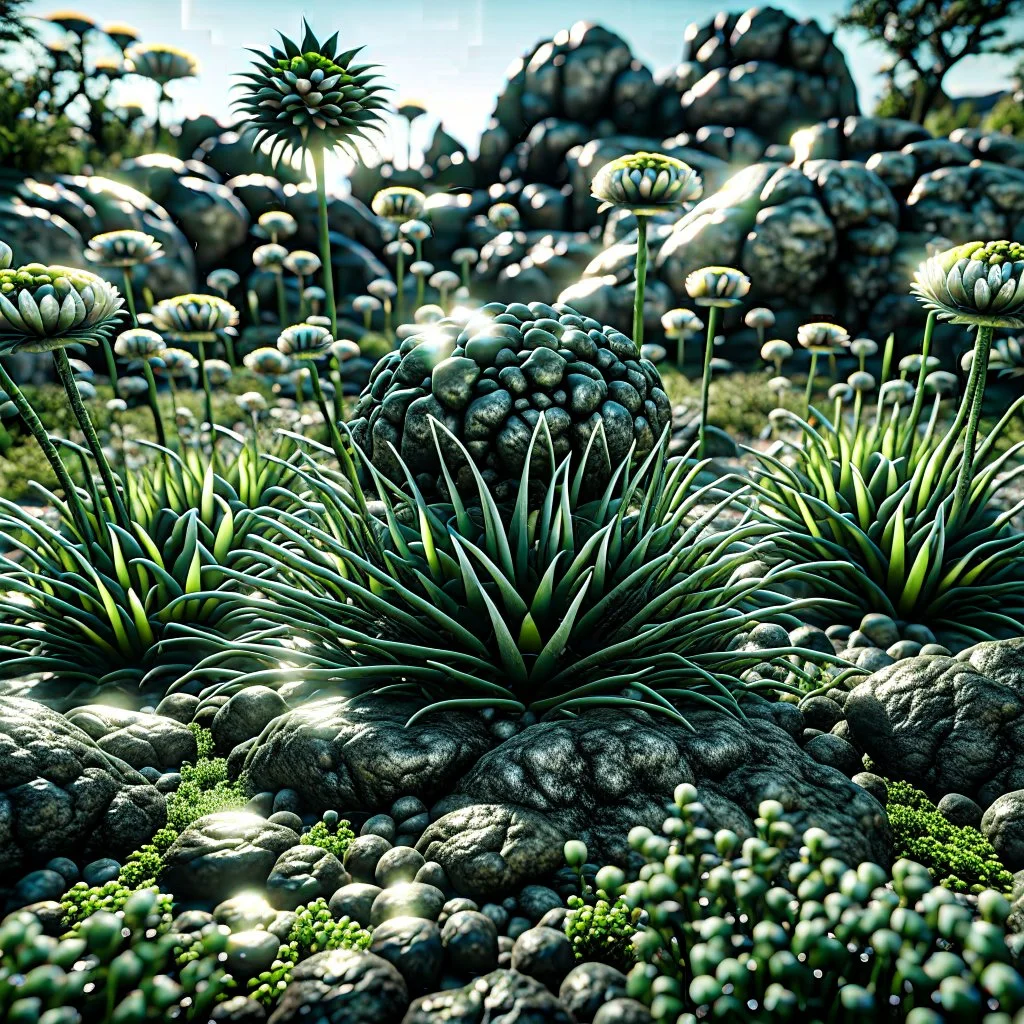 A striking photograh close-up captures a hyperrealistic wasteland with group of plants and glossy material, adorned with rocks. Magnificent. Henri Rousseau. Volumetric light. Shot on Kodak Portra 160 professional. Bathed in intense light, eerie, giant black sun, 8k, deep 3d field, odd flowers, rock formations, strong texture, extreme detail, intricate, colours, rich moody colors, sparkles, bokeh, 33mm photography, details of the flowers and rocks very accentuated