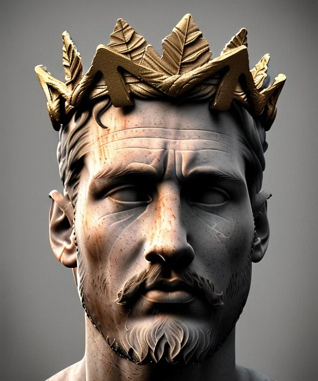 Gran angular, Realistic image, roman sculpture, marble deluxe material, Lionel Messi, gold Laurel leaves crown model, miguel angel style, chisel style, emperador, God light, god rays, 4k resolution, smooth details, ornate details, soft lighting, unreal engine 5, soft cyan background.