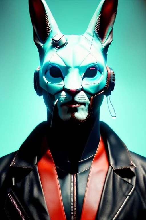 Medium Close Up Portrait, Front image. cyberpunk, rabbit mask, British man, white short hair. leather, gold suit. White, black, red, color. Ghost in the shell style. Color background, photo studio. Avatar image, highly detailed, concept art, smooth, unreal engine 5, god rays, ray tracing, RTX, lumen lighting, ultra detail, volumetric lighting, 3d, finely drawn, high definition, high resolution.