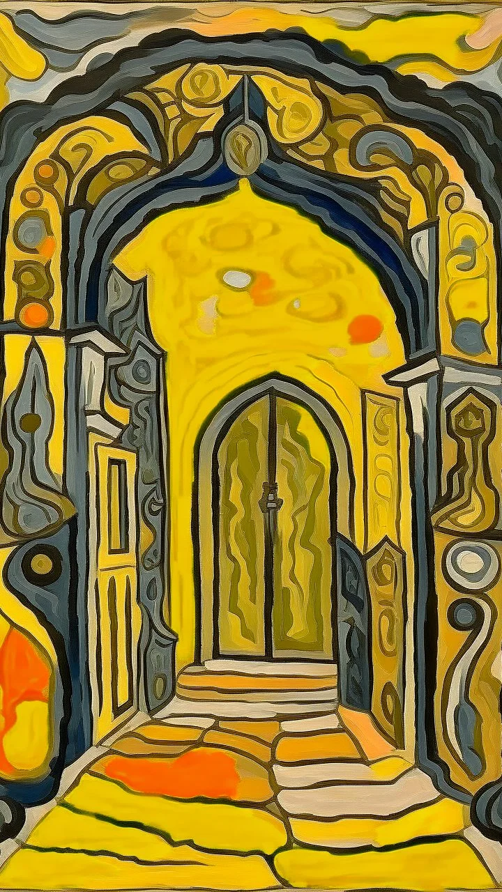 point of view of the entrance gate of hell in the style of George braque