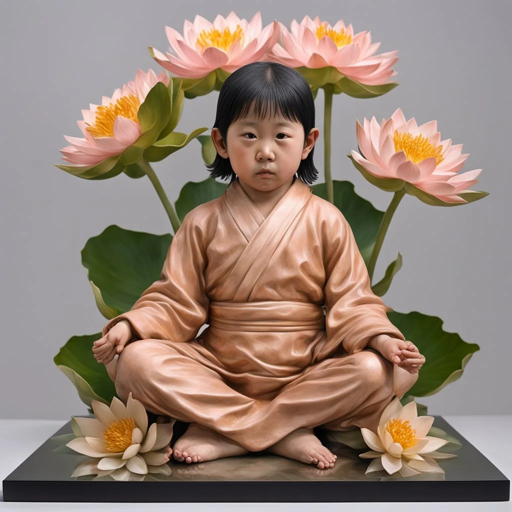 Hyperreal sculpture by John De Andrea, Japanese child in a flower Gei sitting in lotus pose on a museum display, hyperrealism