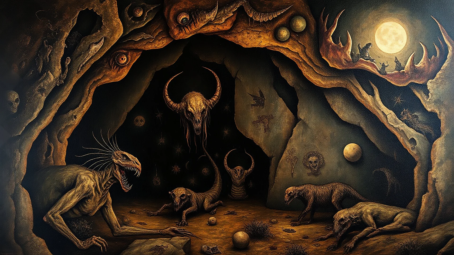 Highly detailed, realistic cave painting of a dark and eerie scene, with haunting creatures and mysterious symbols, inspired by ancient cave paintings from Lascaux and Altamira, created using oil paints on a large canvas in the style of Hieronymus Bosch.