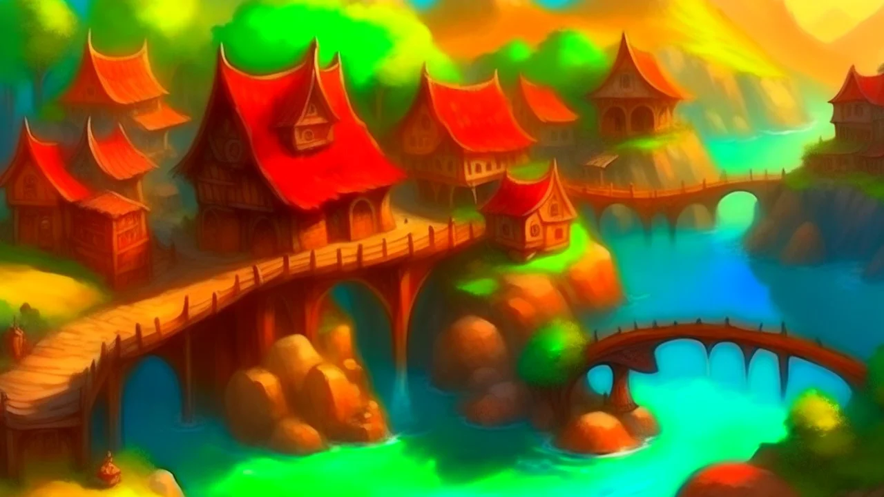 Fantasy art: fantasy village on the river with dam