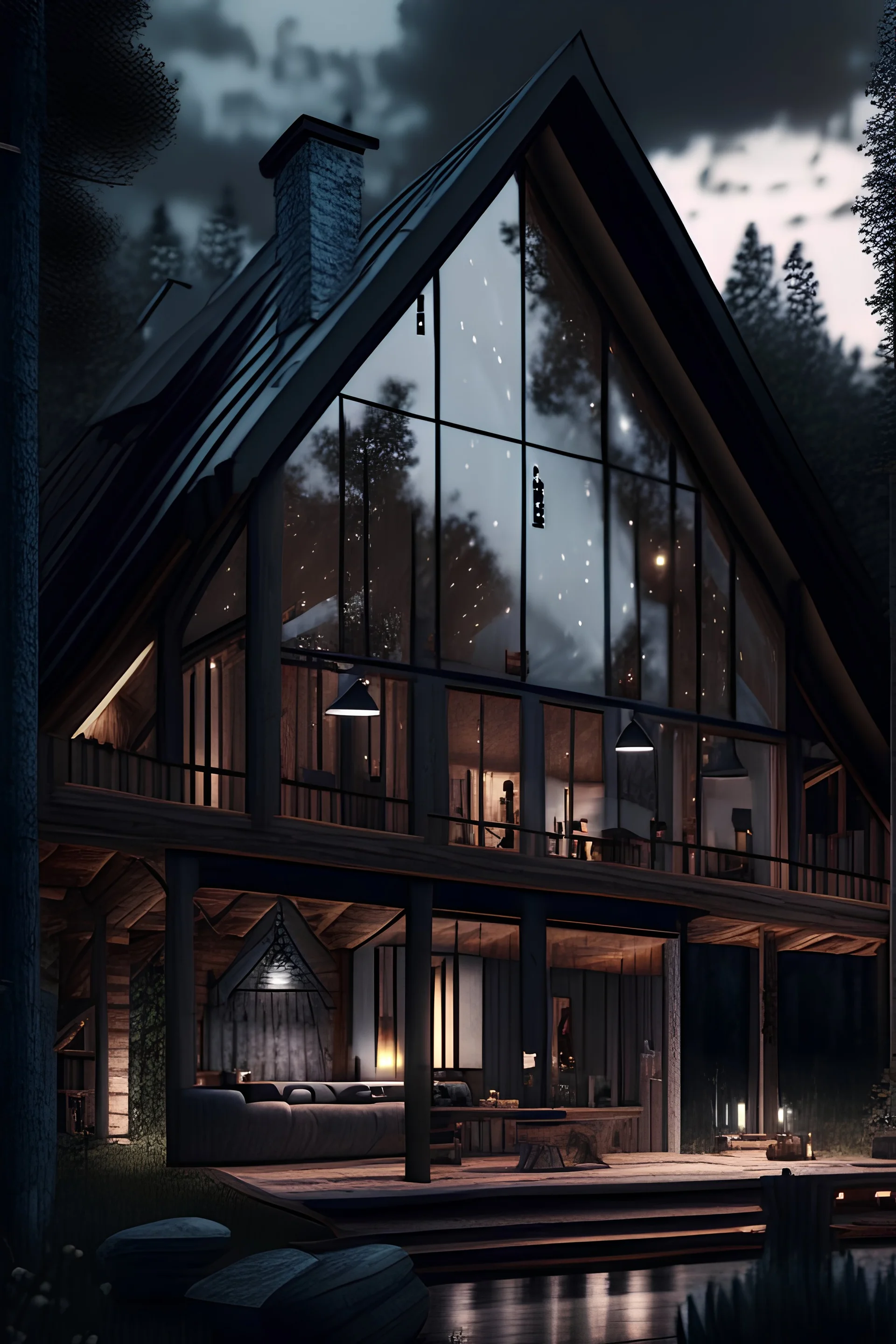 10k hyper realistic detailed luxury modern Cabin rustic design house with glass paneling and low hanging lights and pitched roof, living room, night