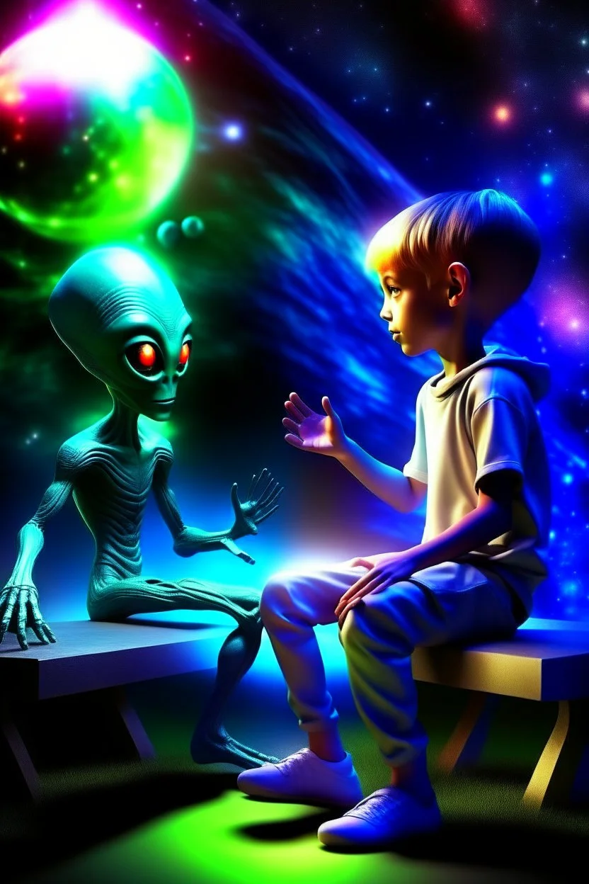 alien and a boy sitting on a bench. alien is howing boy with his alien hand the universe that boy never saw with his human eyes. there are geometric stuff all around and some planet stuff. boy and alien are friends. realistic style, like photography.