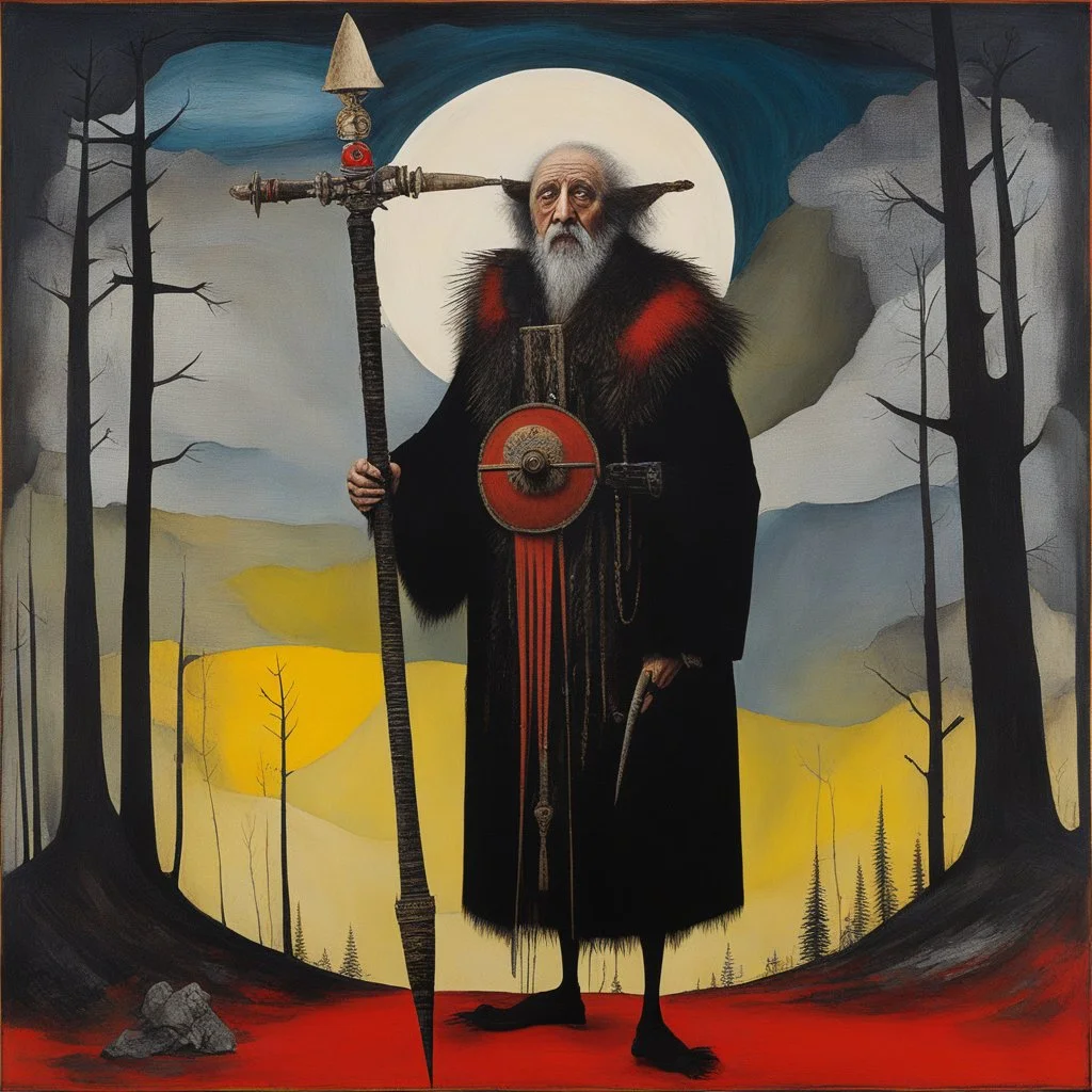 Baba Yaga with Czernobog's demonic mace [surrealism and maximalism art with mixed media collages and rothko]