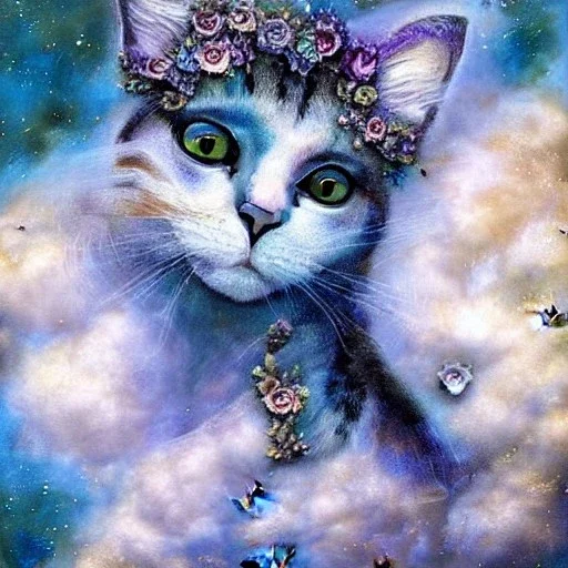 a beautiful, stunning mixed media artwork of cat made of clouds, butterflies, milky way, digital painting, hyper-realistic, intricate, high-quality, fine-detail, in the style of Lea Roche, Dottie Dracos, brian froud, howard lyon, selina french, anna dittmann, annie stokes, lisa parker, greg rutowski,