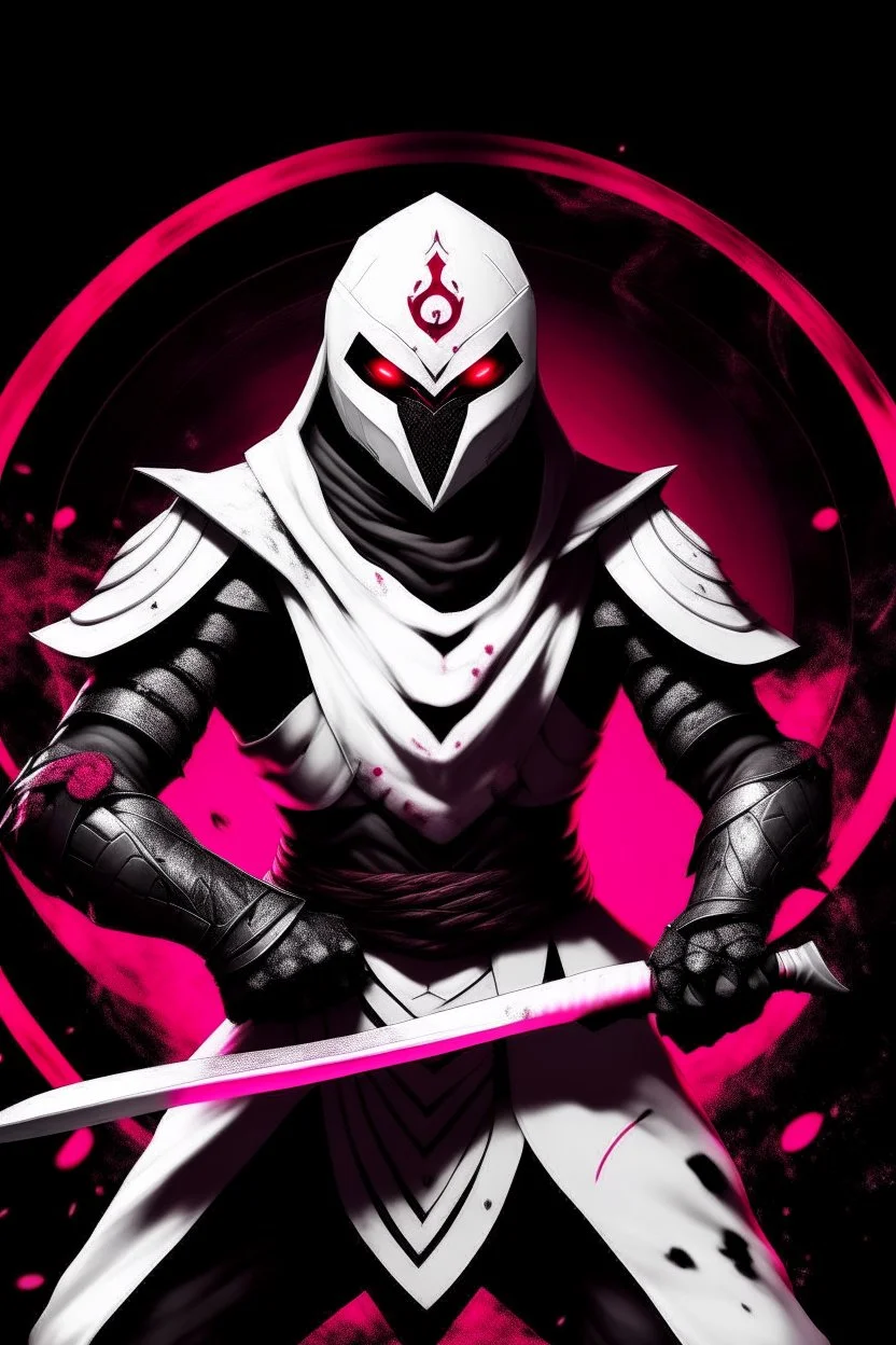 The character, depicted in a striking white armour against a dark wintry backdrop with accents of pink, stands prominently within the scene, accompanied by a red and black circular symbol of significance, a black pointed spear with a red handle. His eyes are showing a dynamic yet menacing expression and he wears a black oni mask covering his mouth with white teeth, he has brown shoulder pads and a white karate belt with a bag attached to it.