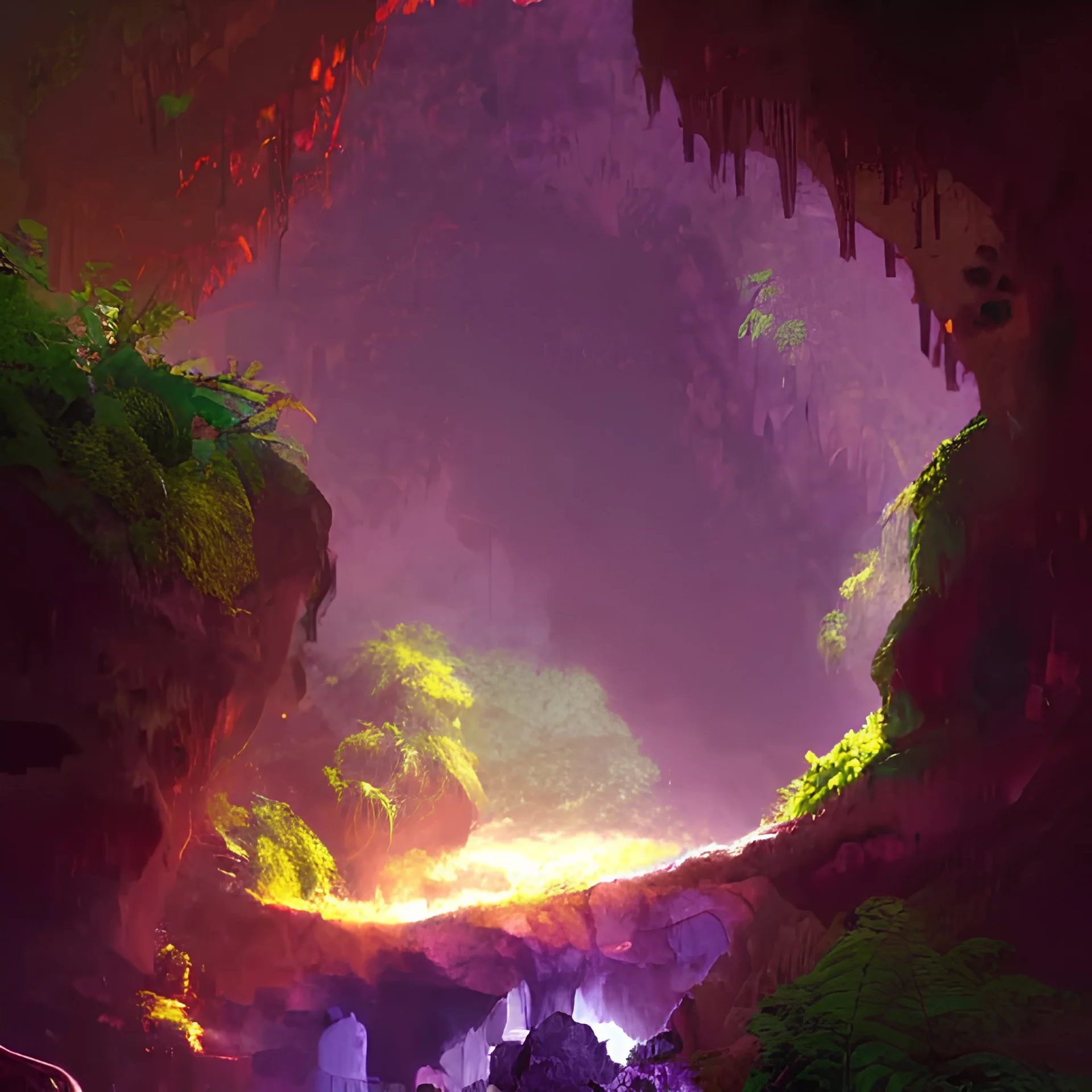 beautiful giant piece of amethyst in a lush cave, greg rutkowski