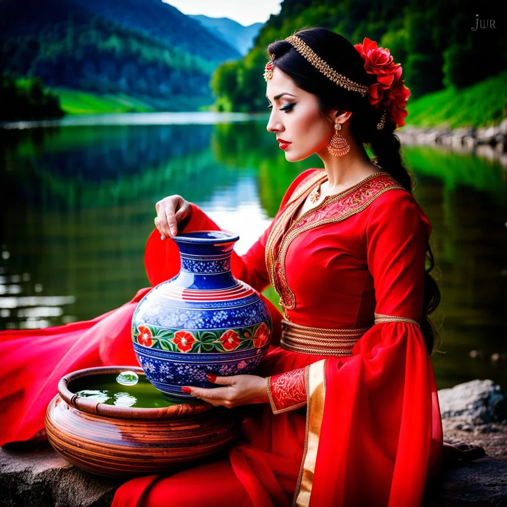 a woman in a red dress holding a vase, creative colorfull - makeup, with professional makeup, hand built ceramics, very very very beautiful face , nice country side with hills ,waterfall over a river with clear water,girls with perfect pretty face in folk costums and a jar, filling their jugs with water and some of them leaving while carring there jugs in there shouldes and 1beautiful girl with jug in shoulder in closeup , very nice mountains at distant, nice clouds in sky ,wide green field with