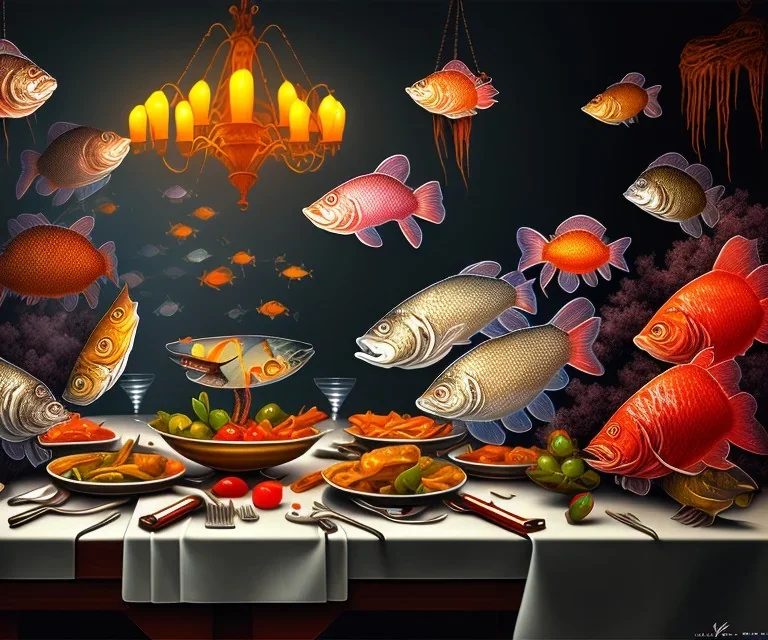 supper, fish sit at the table and eat pieces of people.