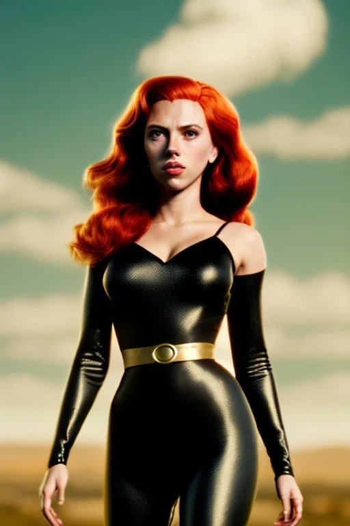 retro portrait image from 1960, sky background, wind, long red hair, fighting stance, sweet young Scarlett Johansson, black dress, classic long tight lycra black suit, gold bracelet and belt, high heel boots, superhero style, soft color, highly detailed, unreal engine 5, ray tracing, RTX, lumen lighting, ultra detail, volumetric lighting, 3d, finely drawn, high definition, high resolution.