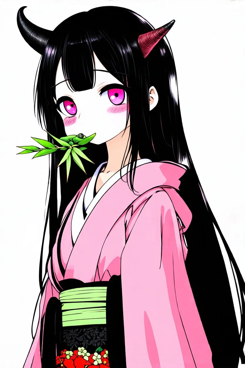 Cute Japanese girl, with pink eyes, a only horn on left side of head, dressed in her pink kimono and a black haori, black long hair with reddish tips, a piece of bamboo covering her mouth, drawing manga style, vibrant colors, in a manga book cover