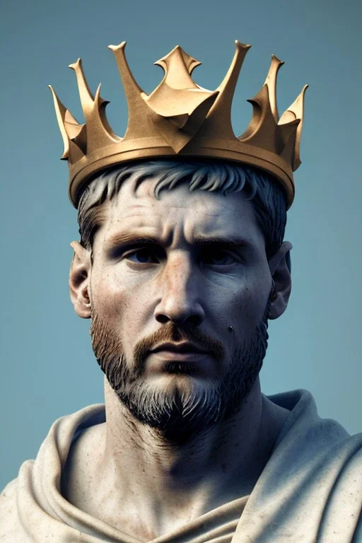 Ultra Realistic image, Roman sculpture, white luxury marble material, Lionel Messi, gold crown of natural thorns, god crown, Renaissance style, sun rays background, waist up portrait, epic, celestial, cinematic lighting, God lights, 4k resolution, smooth details, soft lighting, unreal engine 5, art station, substance 3d.