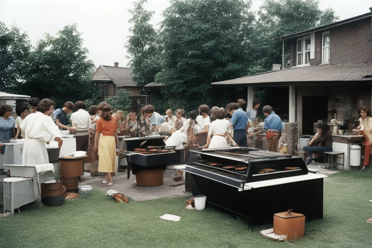 in the 1970s a barbecue in a residential areas: women, men and teenagers