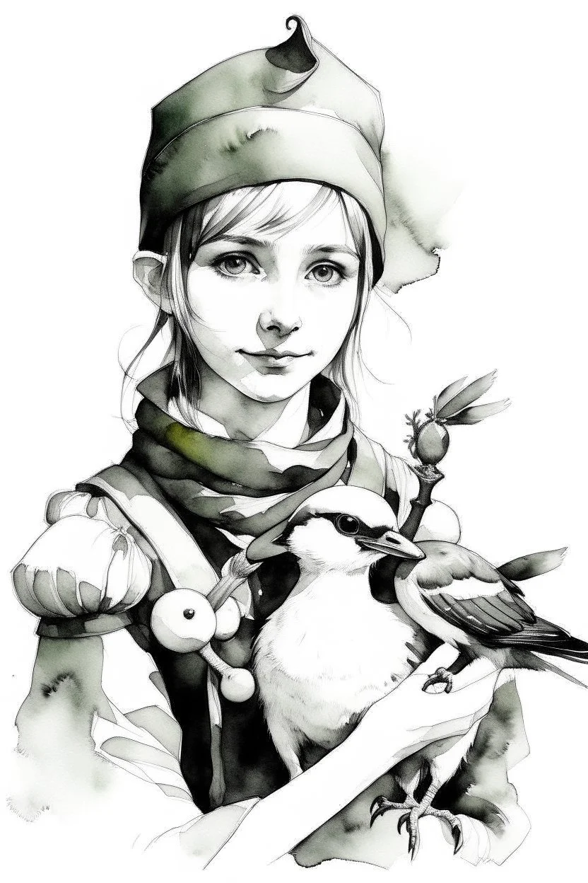 Watercolor black and white elf with a duck on the hands