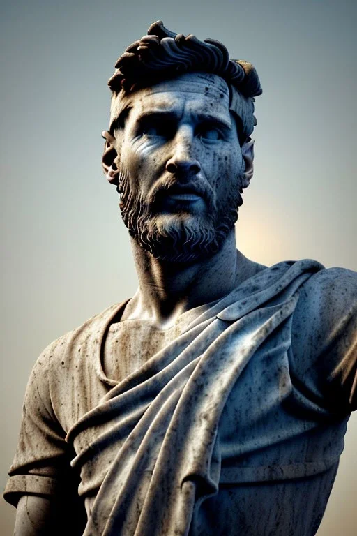 Ultra Realistic image, roman sculpture, Calacatta marble material, Lionel Messi, gold Laurel wreath, Renaissance style, miguel angel David style, chisel style, emperor, waist up portrait, epic, celestial, cinematic lighting, God light, god rays, 4k resolution, smooth details, ornate details, vibrant color, unreal engine 5, blue background.