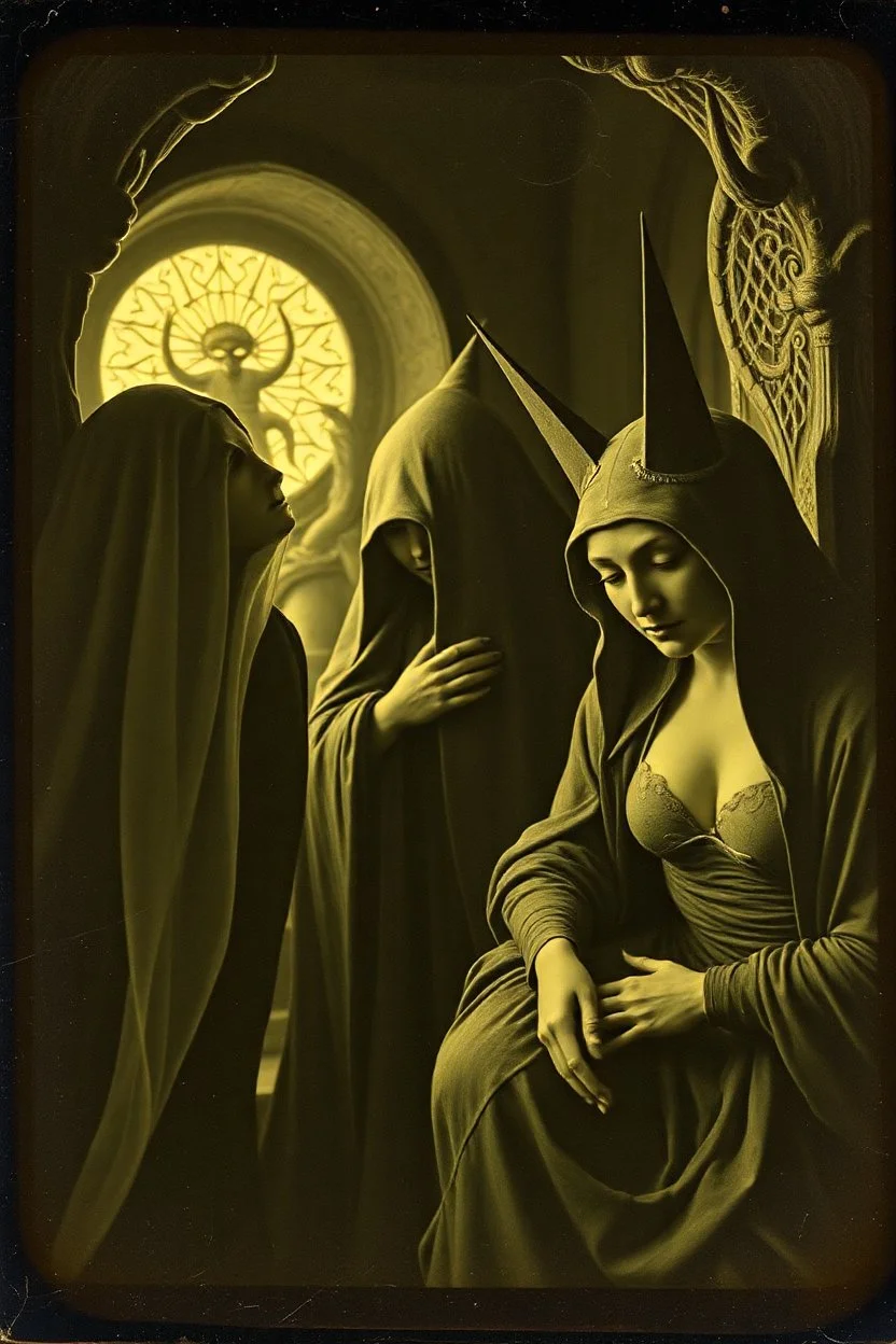 Daguerrotype close up some mysterious figures, odd background, Hieronymus Bosch Max Ernst ambient light, by Minicavio Quollati and Marlost Endgulp, Amano, Botticelli, Alphonse Mucha