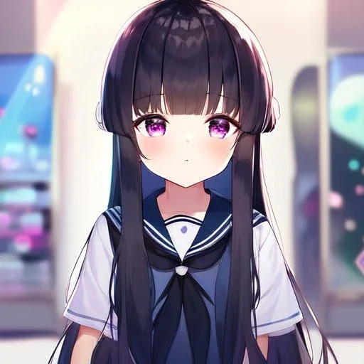 Clear Focus, High resolution, loli girl wearing a sailor school unform, black long fluffy hair, purple eyes,