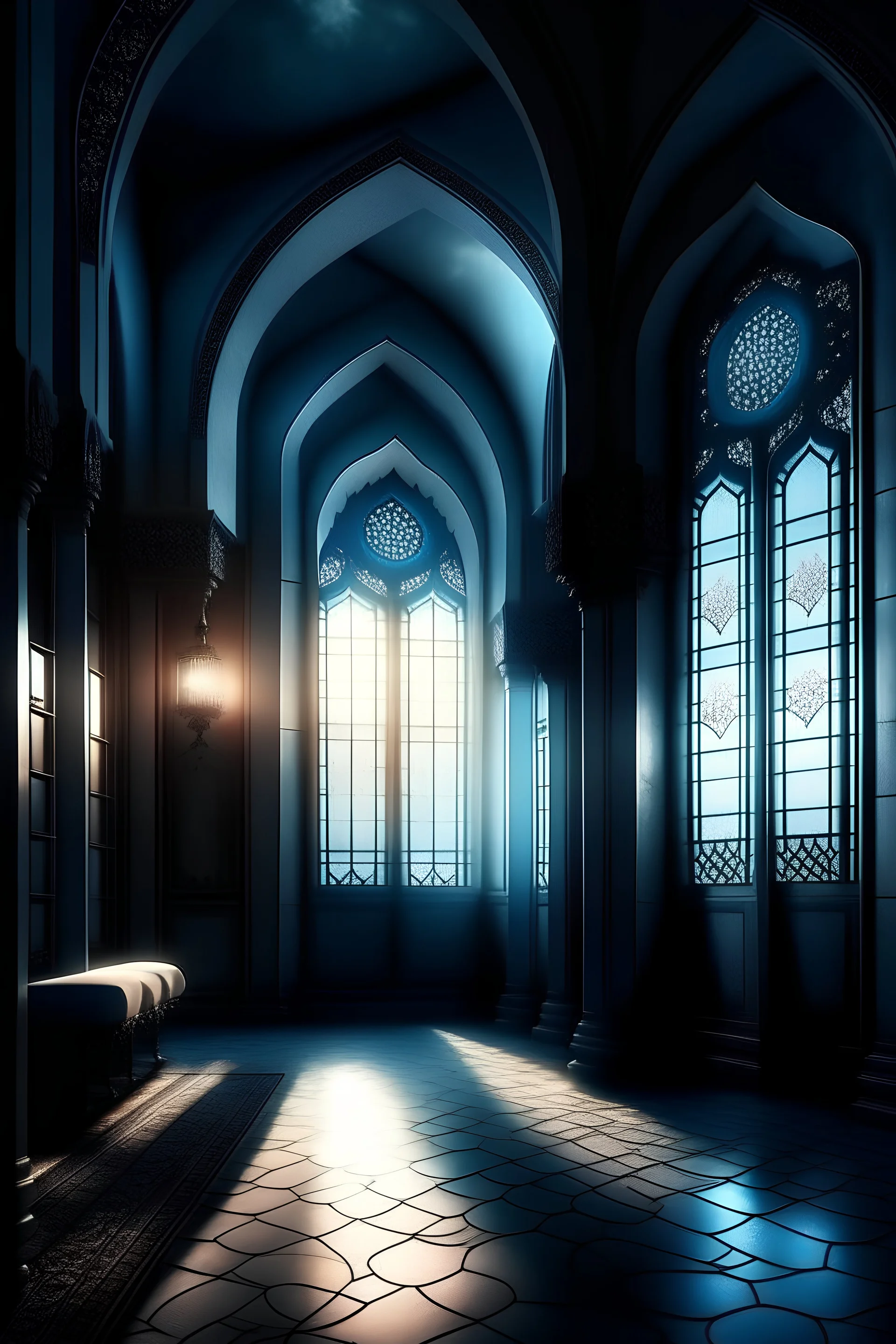 Islamic , Ramadan, Mosque, Natural Light, ,morning ,Moon light shine through the window into islamic mosque blu