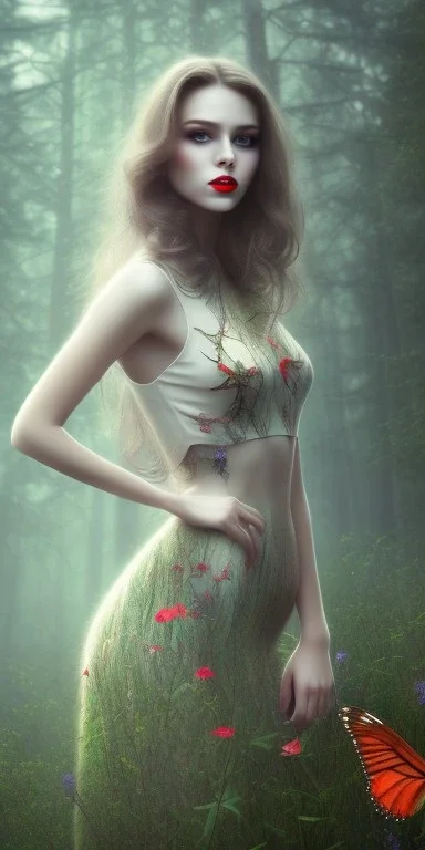 Beautiful pretty girl in picture in foggy forrest afternoon, correct hands detail, red lips, butterfly, 8k resolution, super detail realístic, fantasy