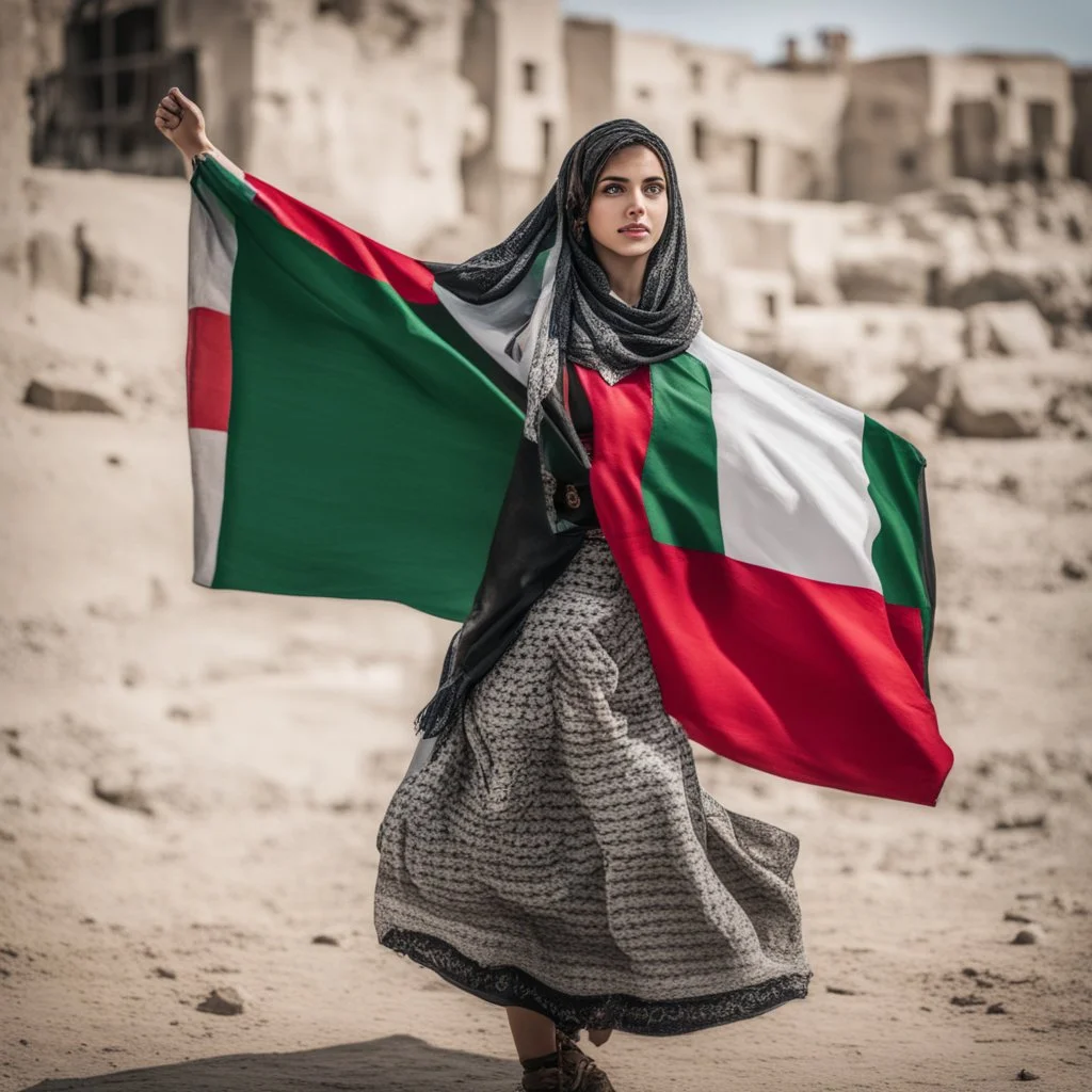 A very beautiful girl carrying a large Palestinian flag in her hands and waving it while wearing a keffiyeh and an embroidered Palestinian dress.