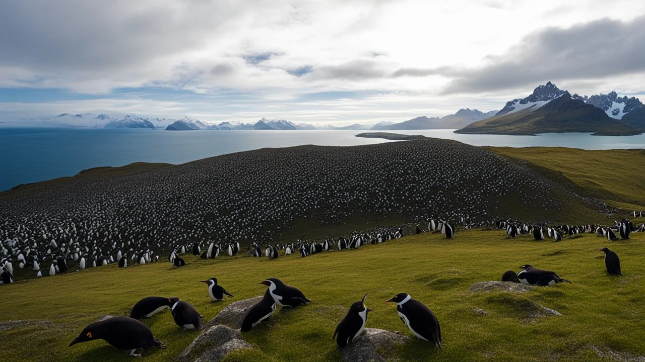 South Georgia island, penguin colony, ocean, mountains, sky, beautiful composition, award-winning photograph, astonishing realism, 28mm lens, adjust perspective