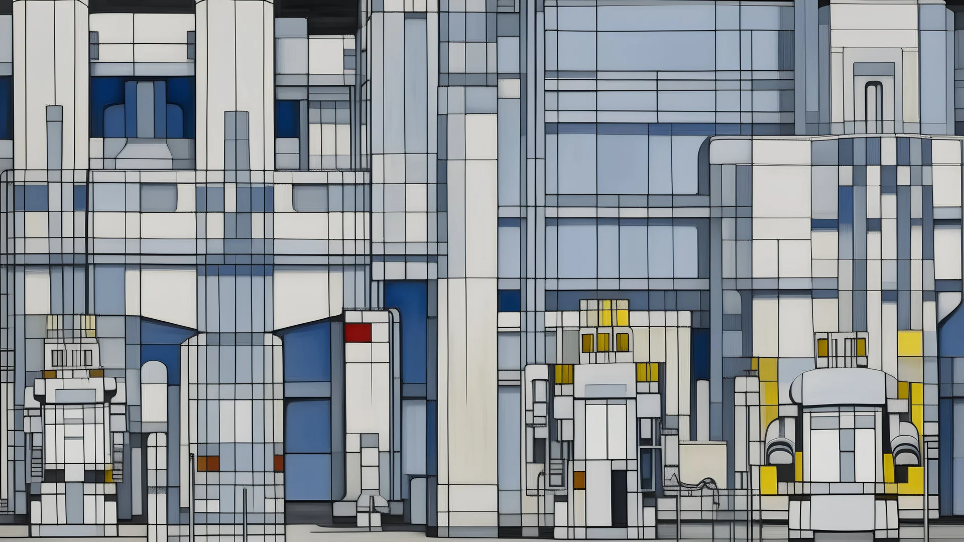 A gray robot factory painted by Piet Mondrian