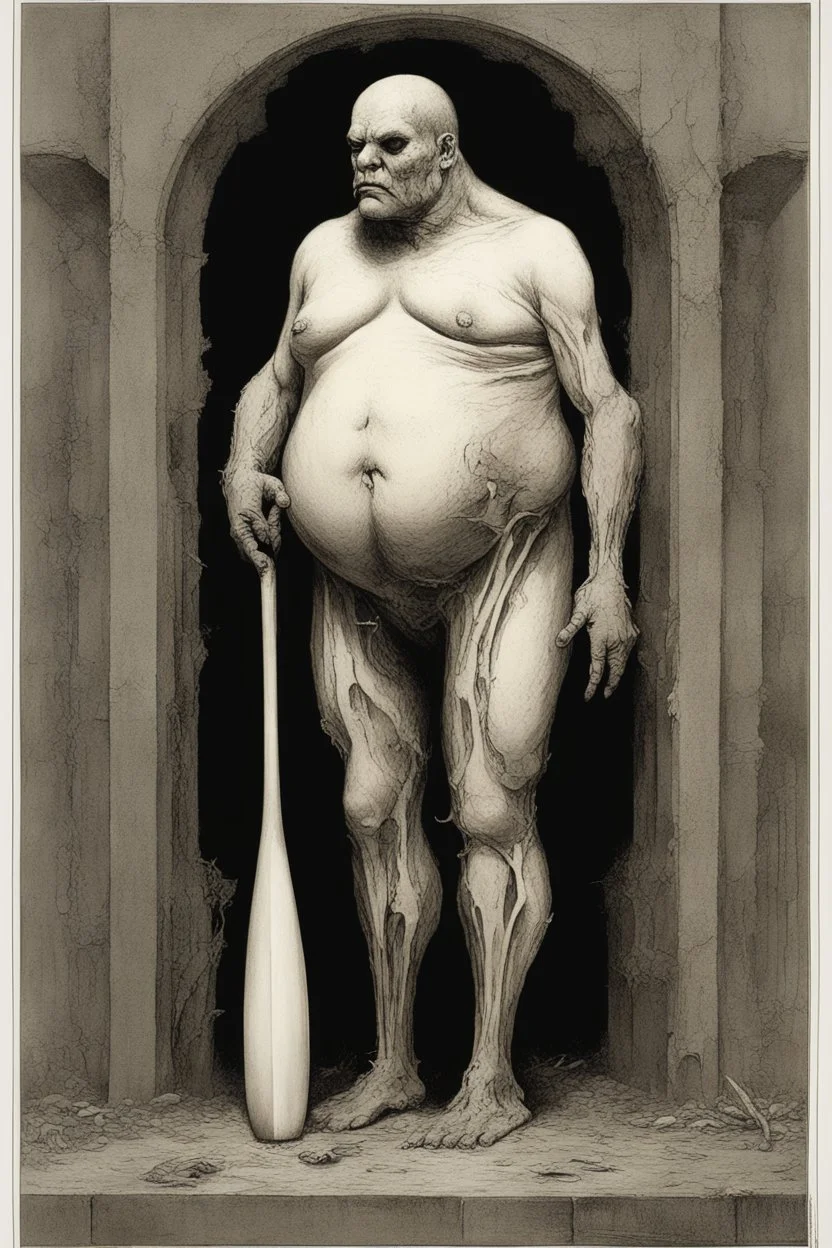 The full body of a fat man holding a bat , all in white color, decayed and rotting with grotesque proportions and imagery. surreal horror, biomechanical design, by hr giger and beksinski
