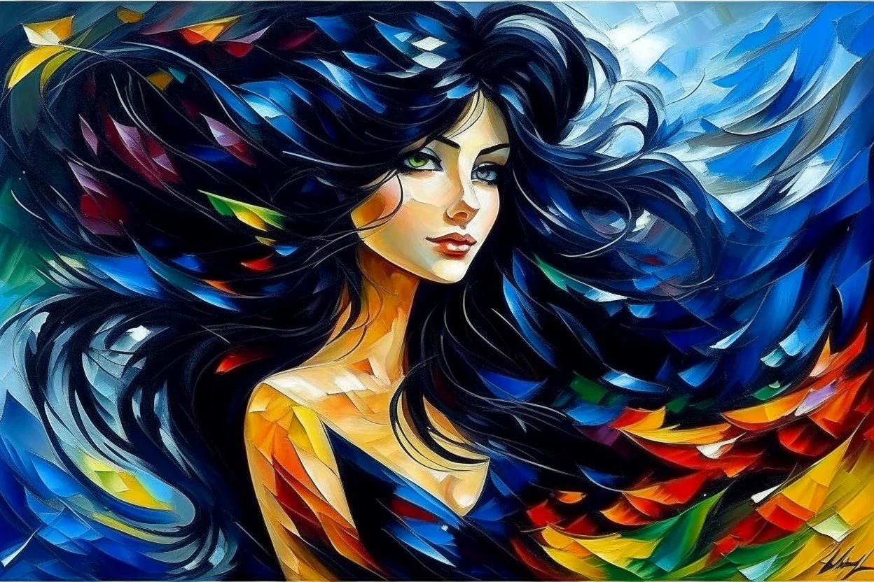 an irresistibly adorable image of a whimsical brunette woman creature with black hair and hazel eyes. Envision a charming being with fluffy, onyx-colored fur or hair that frames its endearing face. in the blowing wind Leonid Afremov