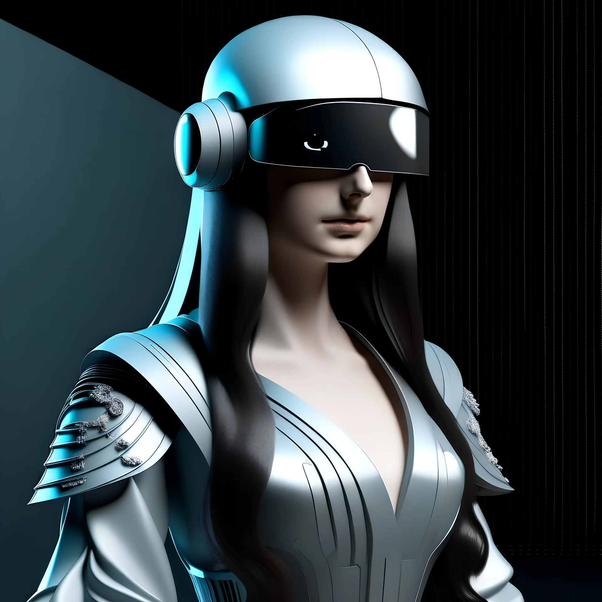 monalisa futuristic outfit, gorgeous, weird, serious with VR glasses