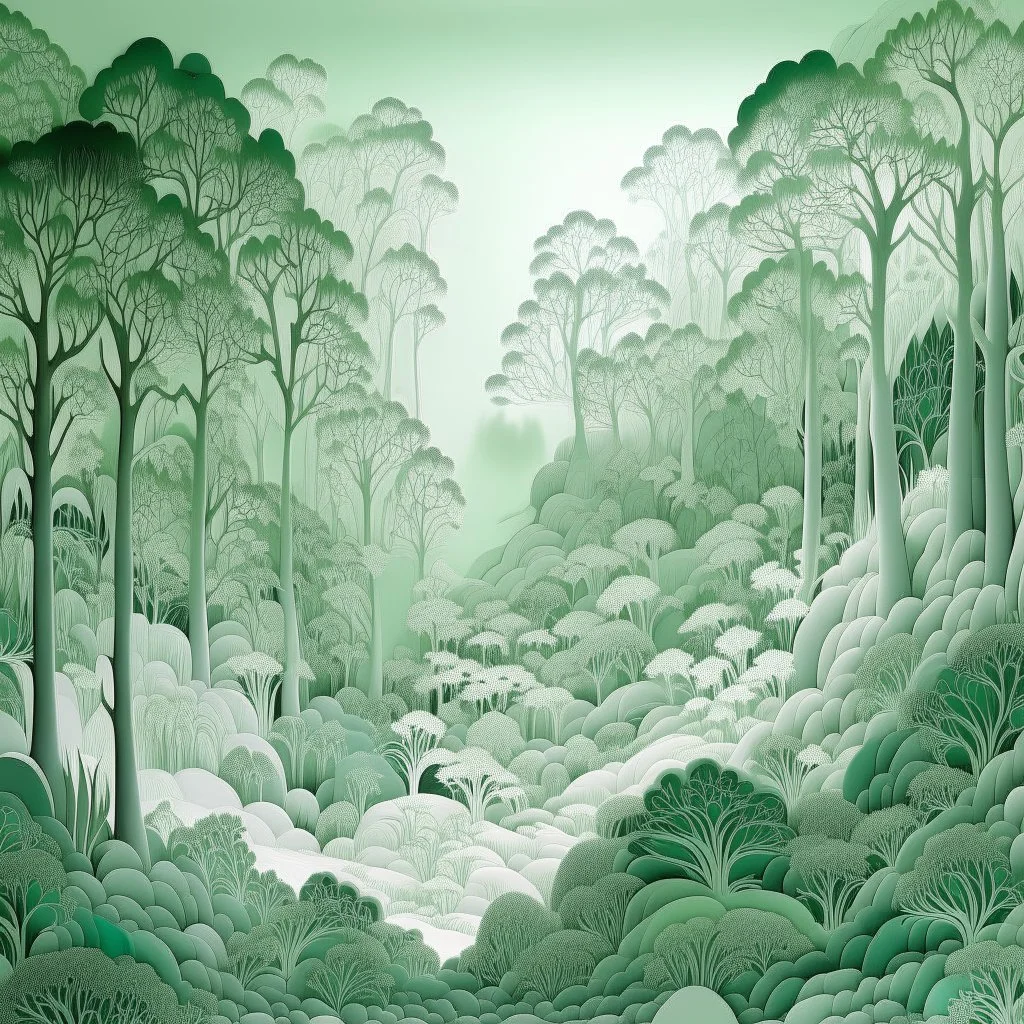 A pale grayish green enchanted frosty forest designed in Javanese shadow puppets painted by Qiu Ying