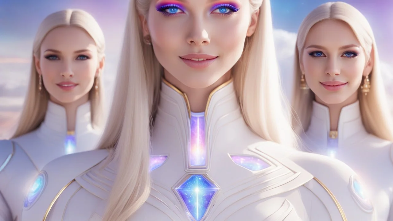 cosmic woman ,beautiful ufos rainbow, admiral from the future, galactic confédération, fine whole face, crystalline skin, expressive purple eyes,rainbow, smiling lips, very nice smile, costume pleiadian, Beautiful tall woman pleiadian Galactic commander, ship, perfect datailed golden galactic suit, high rank, long blond hair, hand whit five perfect detailed finger, amazing big puple eyes, mouth, high définition lips, cosmic happiness, bright colors