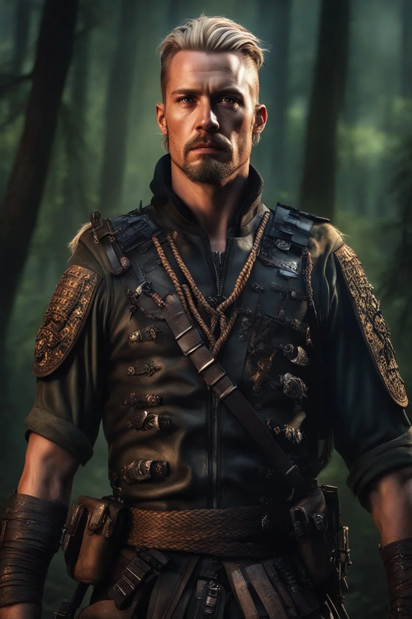 photorealistic hyperdetailed portait of 30-year-old german male, as mercenary with long blonde and undercut hair with braids, tribal tattoos and goatee beard wearing modern mercenary uniform dark fantasy forest backdrop