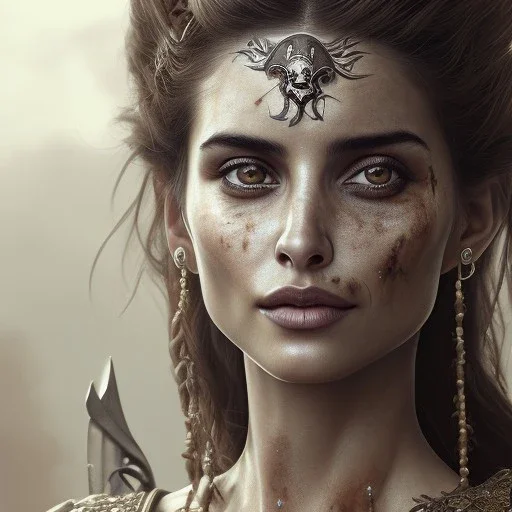 best quality, realistic lighting, masterpiece portrait of Penelope Cruz from pirates of the Caribbean, details, light dusting of freckles, shot from above, simple chain hauberk, warhammerVector art matte painting digital illustration 3D shading CryEngine Behance HD 3Delight