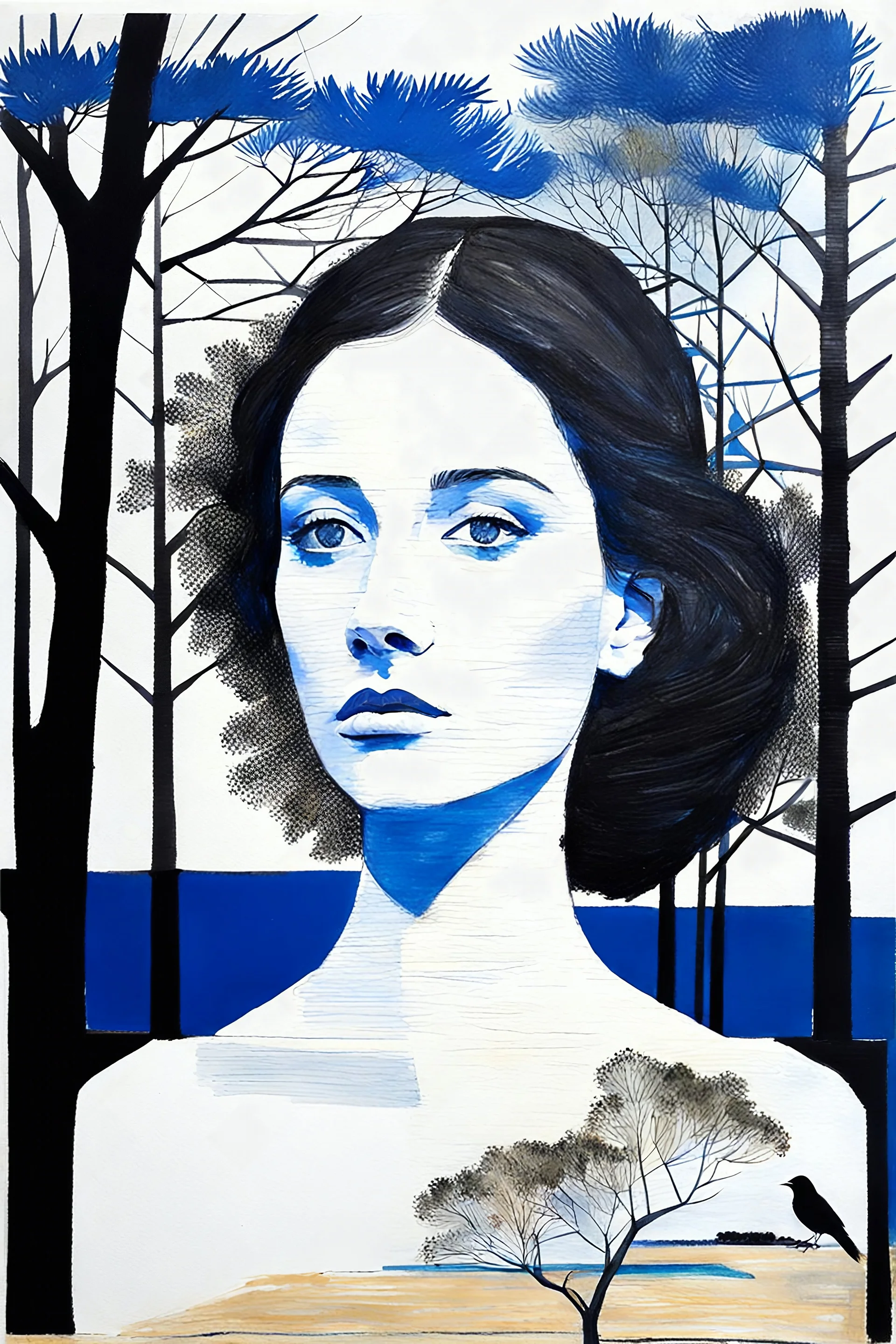 maria Lassing -Euan Uglow inspired, mixed media. painting acrylic, oil, black & white drawing simple landscape background, trees, mixed media, collage, 3/4 woman, bird nest hair, birds, crow, blue,