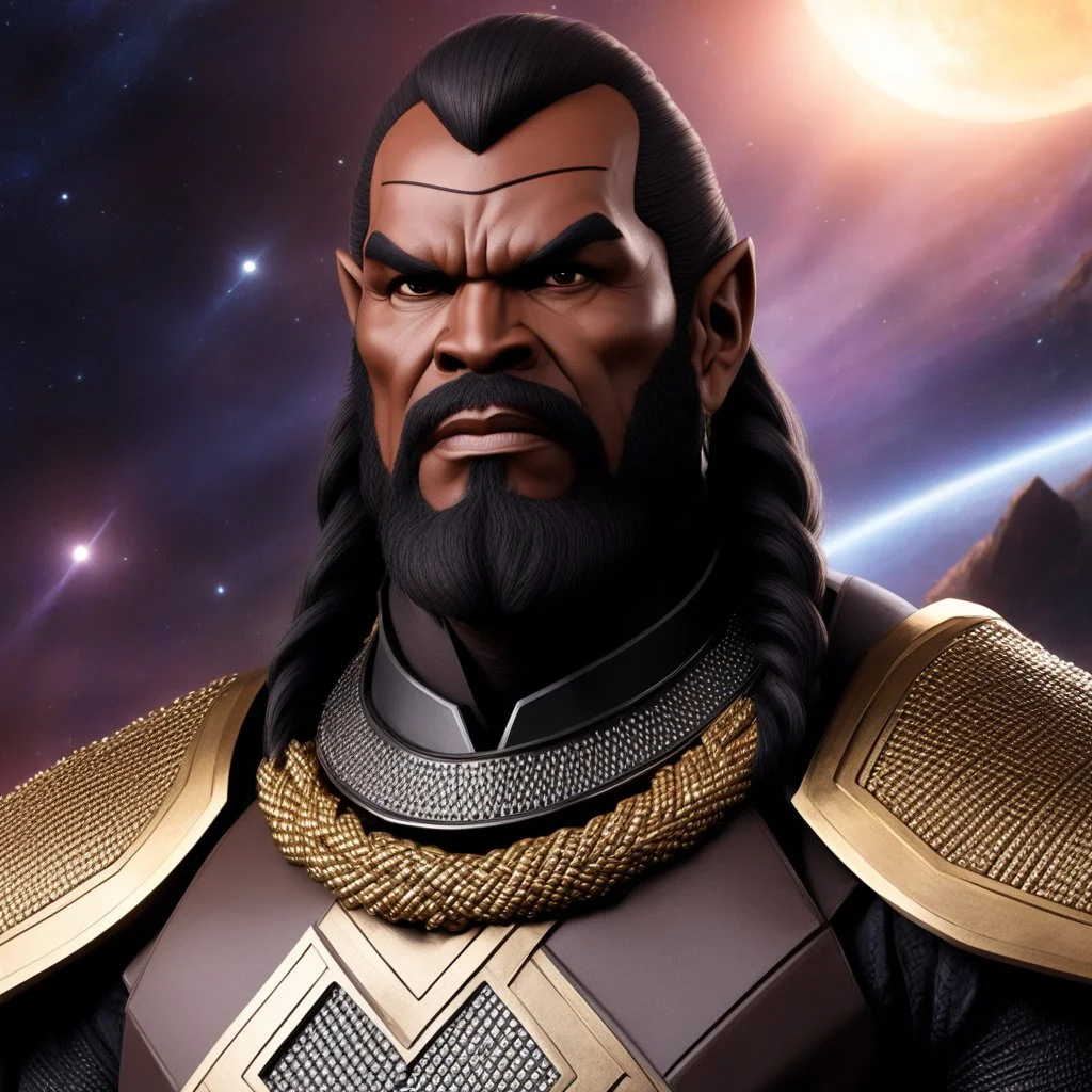 Generate an awe-inspiring image of the fearsome Worf Klingon warrior, with their imposing cranial ridges, intense gaze, and intricate braided hairstyle, ready to conquer the galaxy with his bat'leth.