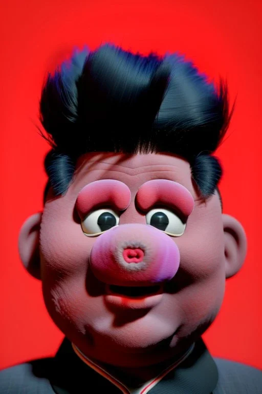 Waist up muppet Portrait, Kim Jong-un muppet doll, black suit, photo studio, red background, unreal engine 5, concept art, art station, god lights, ray tracing, RTX, lumen lighting, ultra detail, volumetric lighting, 3d.