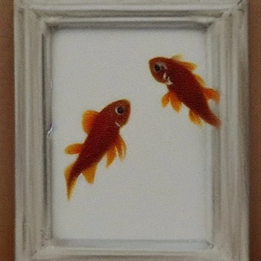 tiny oil painting of tiny goldfish, plain white background, solid white background, tiny white canvas, tiny white frame, plain white wall, melancholy, tender, moody, vintage, delicate arrangement, beautiful composition, etsy, aesthetic layout, plain solid white background