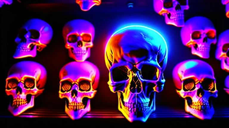 hundreds of non-anatomically correct, dark comic art, graphic novel,human skulls stacked into a wall unusual neon lighting, high velocity, 64k, dystopian, vray,