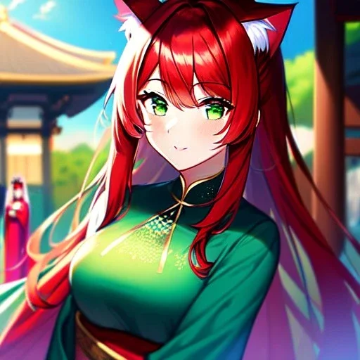 Clear focus, 8k, cat girl, high quality, detailed, red hair, green eyes, beautiful lighting, vibrant colors, Shrine Maiden clothes