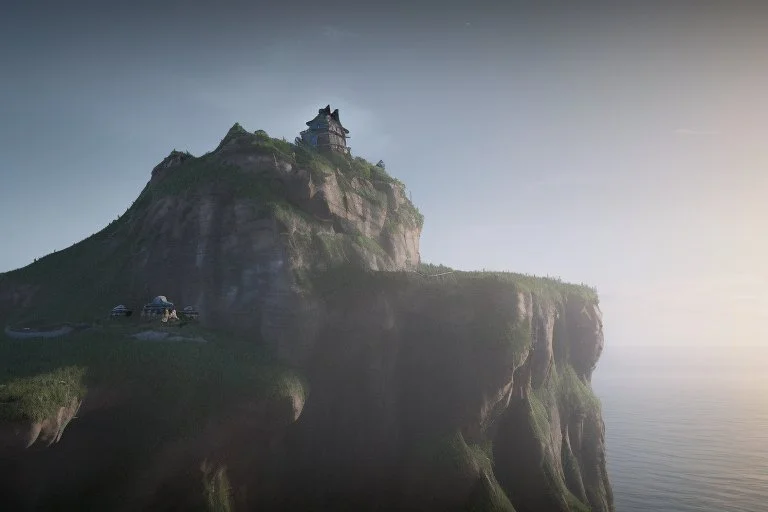 house on top of a cliff with shark sticking out of the side of the house like an impossible fate