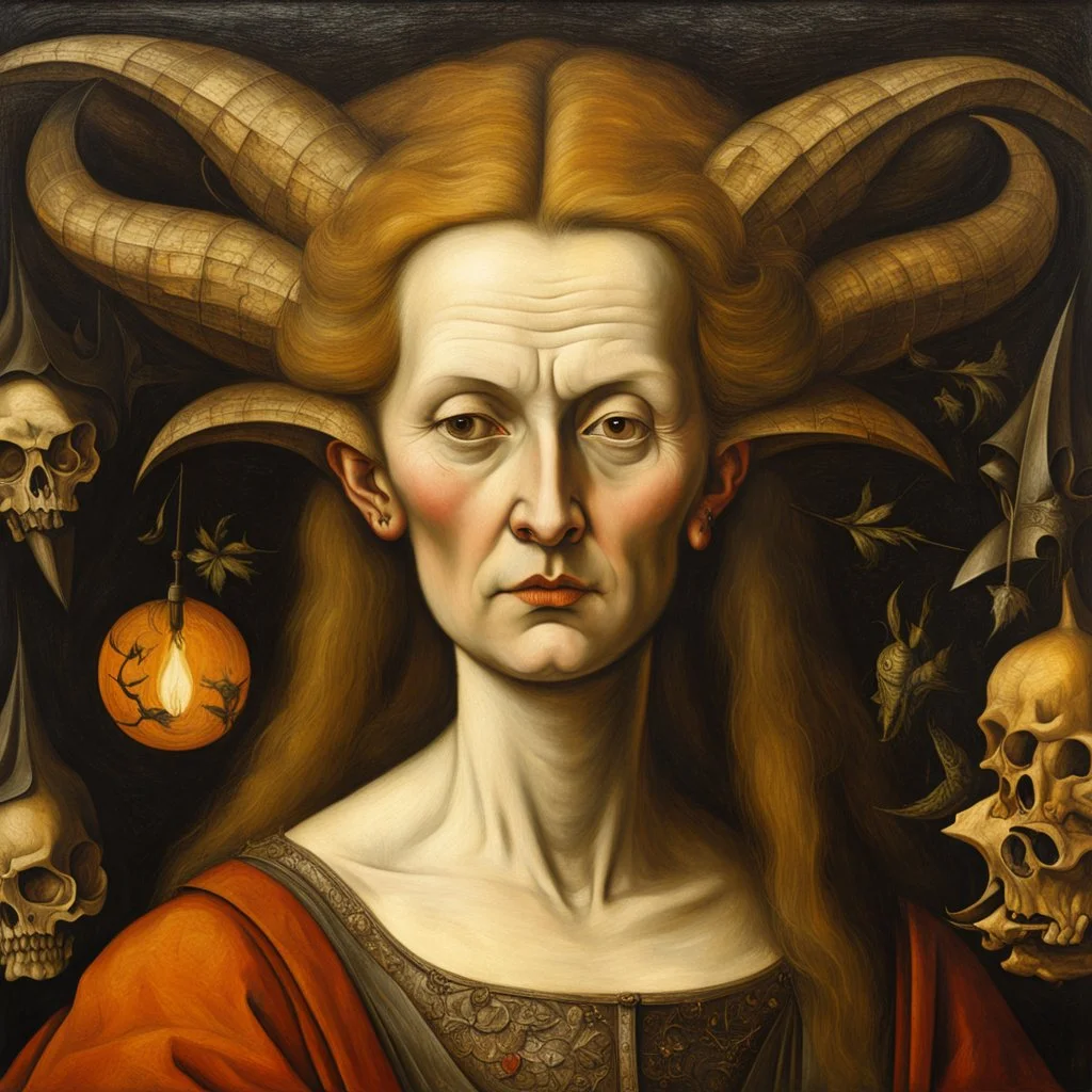 a Dutch Renaissance era oil painting of a malevolent sorceress , highly detailed facial features, in the style of Pieter Brueghel the Elder and Hieronymus Bosch, aged canvas, craquelure finish, archaic masterpiece, 4k