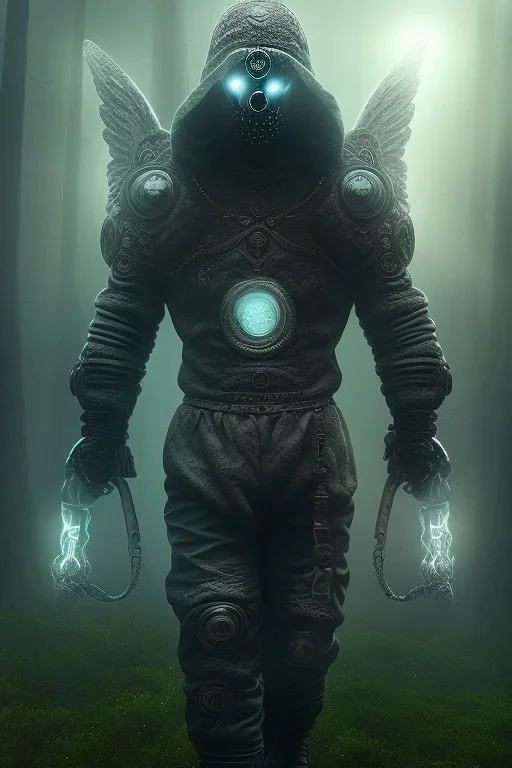 running berserker portrait , no face, black jogging suite , in the night Alps , holding coins , angels background, volumetric light, high detail, dark leaf tree, dark mountains in background, perfect, HR Giger style