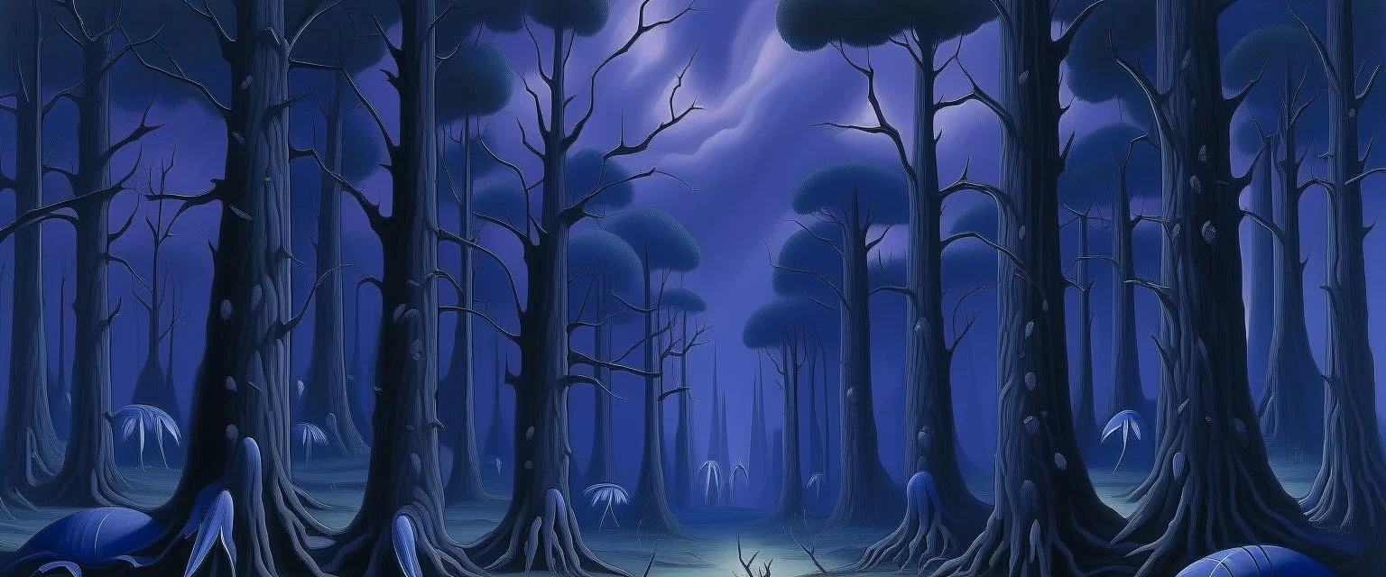 A violet haunted forest with lightning elemental beetles painted by Rene Magritte