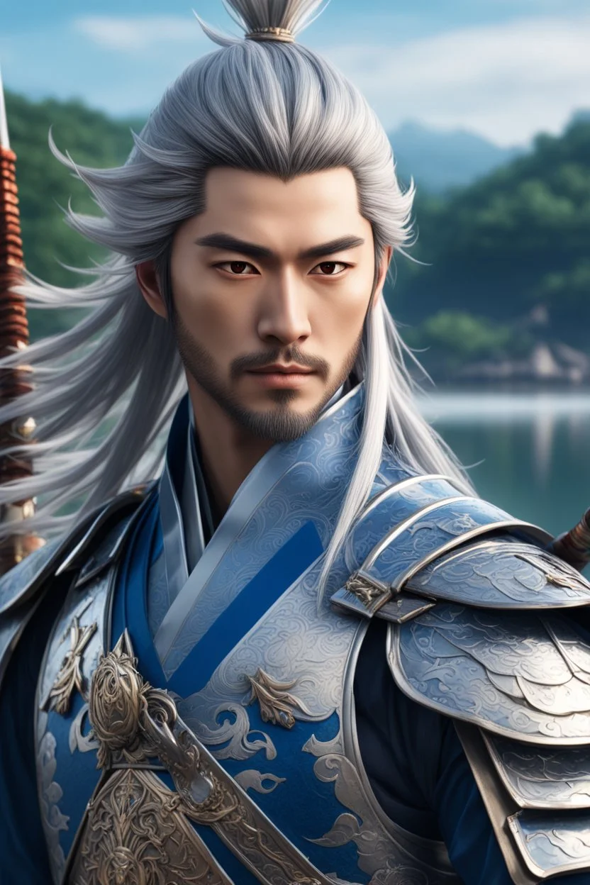 Portrait of a 30 years old handsome samurai in blue and silver heavy armor, fantasy armor with crane sigils, Silver mask, Sengoku Basara, Zen heroe, heroe vibes, fitness body, long silver hair, nobility vibes, gentle smile, nostalgic, heroic pose, japanese spear, 8k, Japanese lake in the background, anime style, perfect anatomy, centered, approaching perfection, dynamic, highly detailed, looking badass, action scene, Hiro Mashima art style, japanese art style, inspired by kawanabe kyōsa, 3d rend