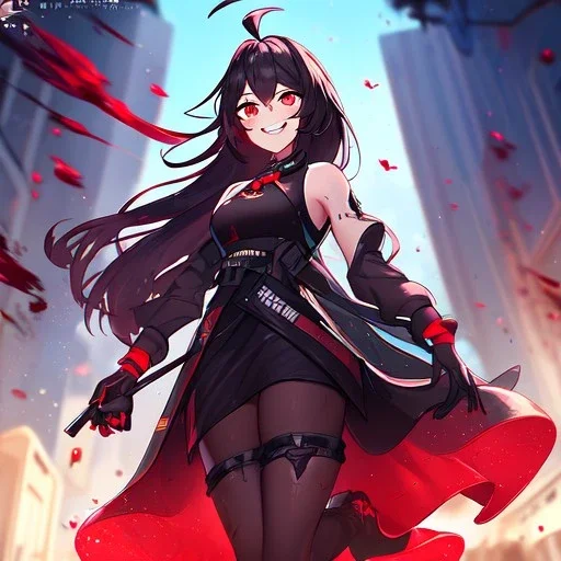 Clear focus,High resolution,High quality, Smiling,Wearing a Fortnite Inspired Outfit,Wearing black long socks, Black Long hair with a ahoge, Red eyes, Wearing black gloves, Bloody mess, Small pupils, Under camera veiw