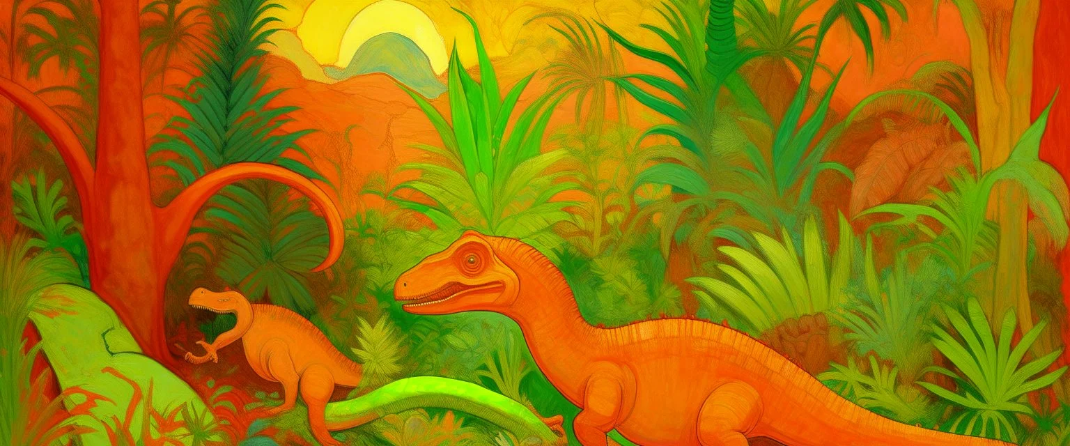 A salmon orange colored wild jungle with dinosaurs painted by Vincent van Gogh