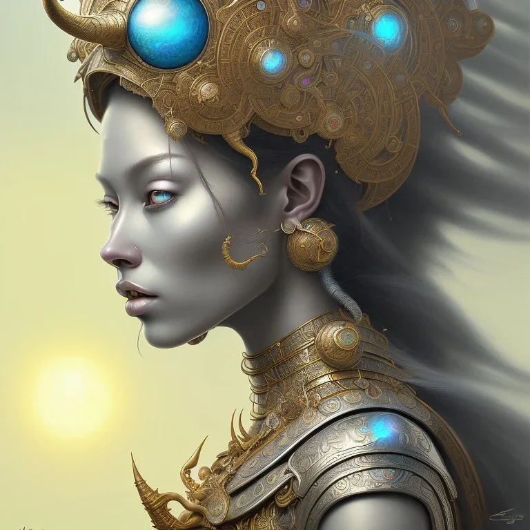 ssango fantasy, fantasy magic, intricate, sharp focus, illustration, highly detailed, digital painting, concept art, matte, artgerm and paul lewin and kehinde wiley, masterpiece silver elephant head bronze Asian African girl nice breast Afo hair turquoise sun rain waves