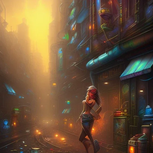 spray paint fantasy art, close up on human thief with great style,evening, seen from store window, dirty city alley, heist action, , book illustration, cartoon characters